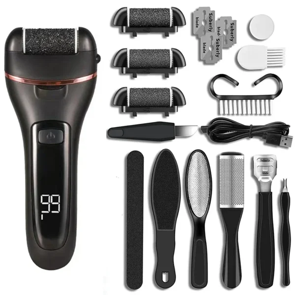 Salon-quality callus remover with replaceable rollers and brush