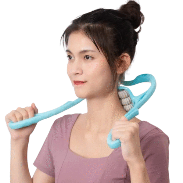 Woman using six-wheel neck roller massager to ease stiffness